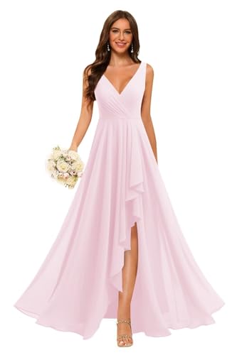 Image of Loyeloy Women's V Neck Bridesmaid Dresses with Slit 2025 Chiffon A-line Formal Evening Gowns with Pockets YJ212