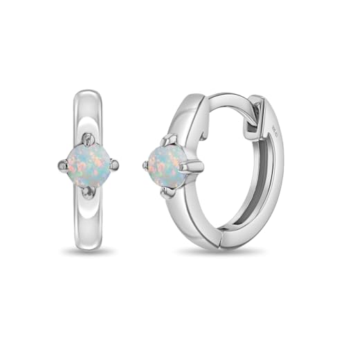 925 Sterling Silver Single Prong Set Simulated Opal Huggie Hoop Earrings For Little Girls and Preteens - Small Simulated Opal Hoop Earrings For Young Girls