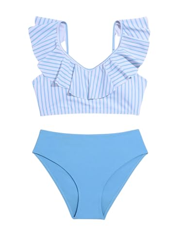Cozyease Girl'S 2 Piece Swimsuits Striped Print V Neck Ruffle Hem High Waisted Bathing Suit Cute Bikini Set Blue And White 10-11Y thumb #4