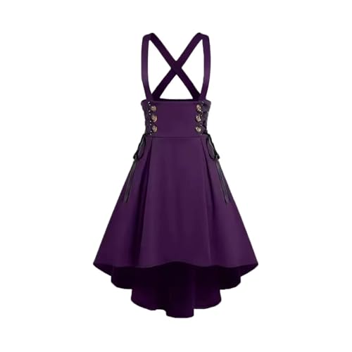 Overall Dress Plus Size Buttons Lace-up High Low Suspenders Skirt Women Wearable Back Zipper Fly Asymmetrical Strap(Purple,XS_Medieval)