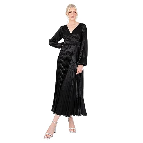 Lovedrobe Women's Midaxi Dress Ladies Pleated Satin V-Neck Long Bishop Sleeve Empire A-Line for Evening Occasion Party Prom Ball Vestido, Negro, 48 para Mujer