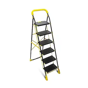 TRENDY Cameo Pro Iron 6 Steps Folding Step Ladder with Anti-Skid PVC Shoe, Clutch Lock and Knee Guard, Load Capacity up to 150 kg (Standard Size, Black)
