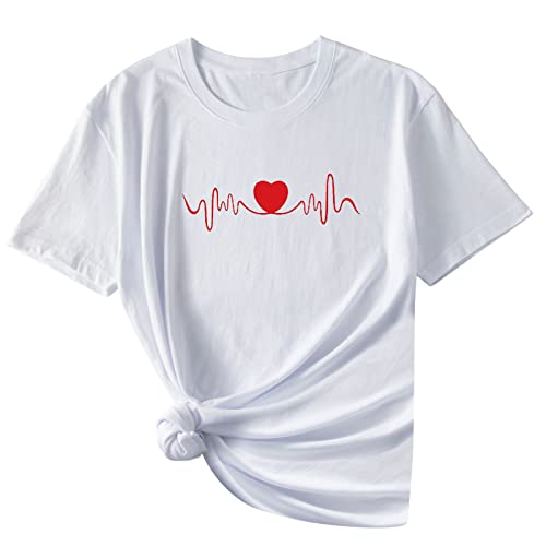 JUANMAO Schwarz Damen Oberteile Trendige Weiß Kurzarmshirt Damen Tshirt Valentinstag EKG -Druck Sweatshirt Teenager Mädchen Vintage Tunika Tops Sommershirt Locker Oberteil Cover