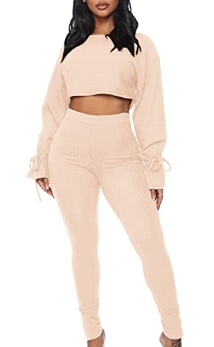 Solid Color Two Piece Outfits For Women, Ribbed Long Sleeve Crop Top And Bodycon Jogger Pants Clubwear Ribbed Tracksuit Sweatsuit, Women's Fall Loose Athletic Clothing 2 Piece Sets (Khaki,S) #TOP21
