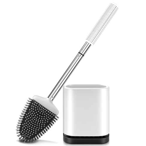 Braoses Flache Toilettenbürste mit Halter, Edelstahl-Silikon-Hocker-Halter-Set mit Wandhalterung für Badezimmer-Gäste-WC (Weiß)