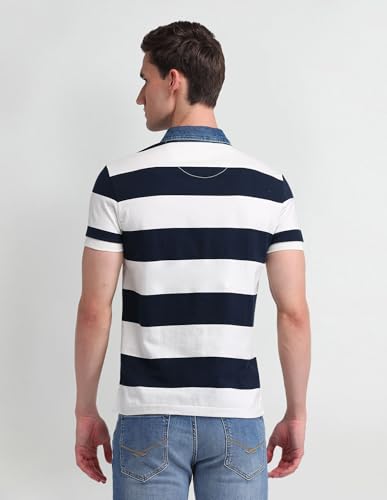 Image of U.S. Polo Assn. Denim Co. Men's Blue Striped Polo Collar Half Sleeve Casual Cotton Slim Fit T-Shirts