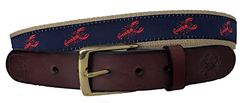 Mens Lobster Leather Belt, Leather Tab and Buckle, Red Lobster on Navy Ribbon Leather Belt