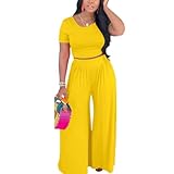 HBQ Two Piece Outfits For Women Casual Sweat Suits Backless Short Sleeve Crop Tops Wide Leg Pants Lounge Sets Tracksuit-Yellow-XXL