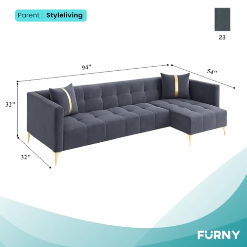 Image of FURNY Styliving 6 Seater Fabric RHS L Shape Sofa Set (Dark Grey) with Golden Finish Legs | Durable & Comfortable | Ideal for Living Room, Offices