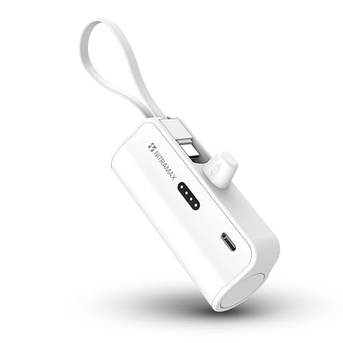 Image of Portable Power Bank 5000mAh with Built-in Type-C Cable, LED Battery Indicator, USB-C Input Port, White