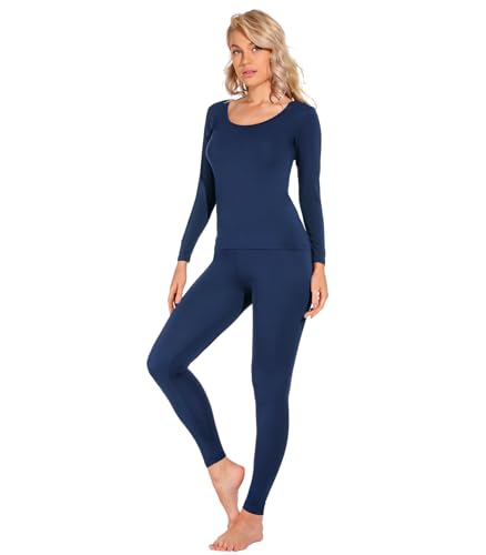 Liang Rou Women's Crew Neck Top & Bottom Ultra Thin Thermal Underwear Set Royal Blue X-Large