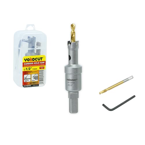 1/2 Inch Carbide Hole Saw, Hole Cutter Carbide Tipped with Pilot Drill Bit, TCT Hole Saws for Stainless Steel, Metal, Iron, Copper, Brass, Plastic, Wood
