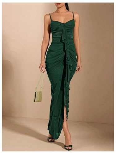 Image of Floerns Women's Ruffle Ruched Cami Dress Draped Split Elegant Bodycon Maxi Dresses