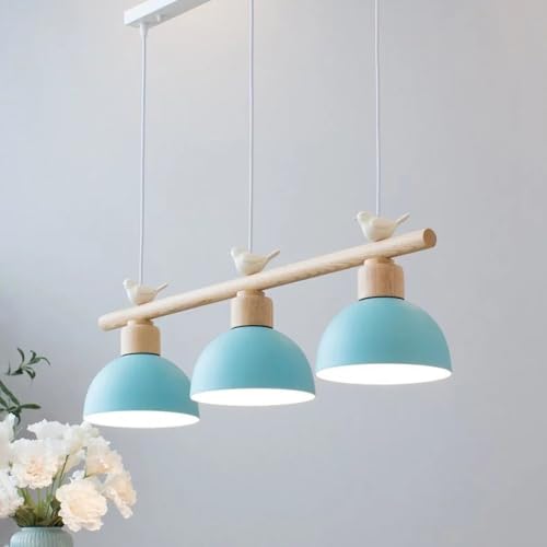 Suspension linéaire industrielle 3 lumières dôme bois métal pour îlot restaurant