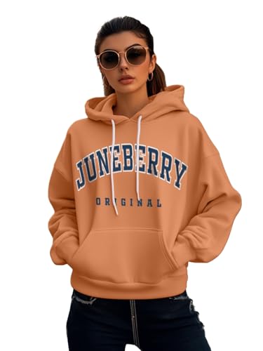 Image of JUNEBERRY Fleece Oversized Baggy Fit Hooded Sweatshirt Drop Shoulder Typographic Logo Printed Full Sleeve Hoodie for Women (Availabe Colors: Copper Tan, Rust & Red)