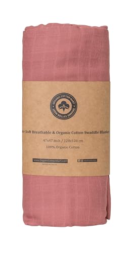 Organic Cotton Red Swaddle Blanket - 100% Cotton, Muslin Weave, Extremely Soft, Breathable, All-Natural, 47"x47", Versatile Use Swaddle Blanket - Gauze Swaddling Cloth for Newborns (Brick Red)