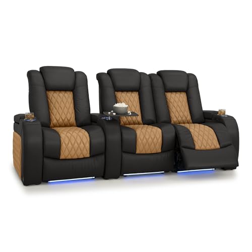 Image of Seatcraft Diamante Black /Tan Oak Italian Leather Home Theater Seating, Zero Gravity Power Recliner, Gaming and Home Office Chair, Powered Headrest Furniture for Cinema Room, Row of 3 Right Loveseats