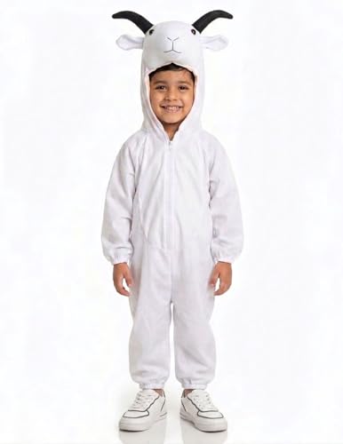 Image of BookMyCostume White Unisex Goat Dress for Kids - Full Body Jumpsuit with Brown Horns Attached Hood - School Annual Day, Bakrid /Eid Festival, and Stage Dance Fancy Dress Costume | 3-4 Years
