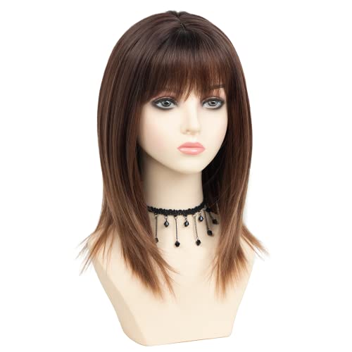 Renershow Layered Ombre Brown Bob Wigs For White Women With Bangs Straight Hair Heat Synthetic Wig For Daily Party #TOP2