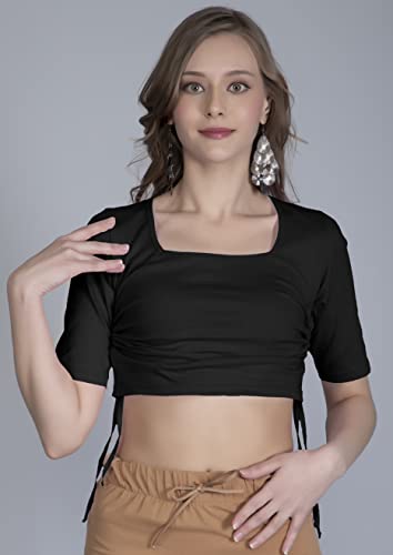 Image of THE BLAZZE B4051 Women's Cotton Square Neck Short Half Sleeves Drawstring Crop Tops Black Readymade Saree Blouse for Women
