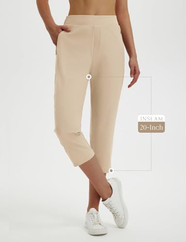 Image of baleaf 20'' Women Capris with Pockets Stretch Golf Work Dress Cropped Pants Straight Leg High Waisted Pull On Summer