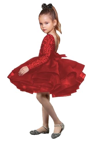 Short Mini Girl Pageant Dresses with Sequins Long Sleeve V-Neck Flower Girl Gowns