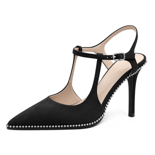 Image of SAMMITOP Womens High Heels Ankle Strap Pointed Toe Stilettos Patent Leather Beaded Pumps Dress Shoes 3.5 Inch