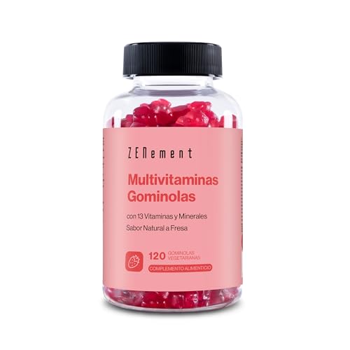 Gominolas Multivitaminas y Minerales, Para Niños, Mujeres y Hombres, 120 Gummies - Sabor Natural a Fresa - Con 13 Vitaminas y Minerales - Libre de Gelatina, Vegetariano, Sin Gluten - Zenement