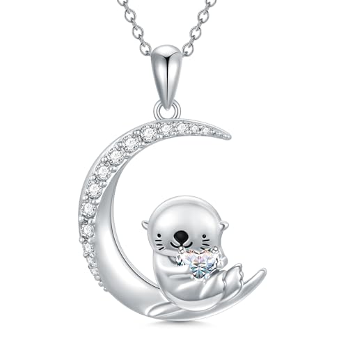 Image of PROESS Animal Birthstone Necklace 925 Sterling Silver Otter /Axolotl /Hippo /Elephant /Dachshund /Monkey /Red Panda Pendant Necklace Animal Birthstone Jewelry Gifts for Women