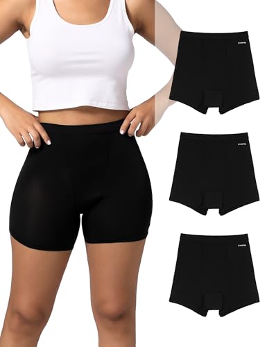 INNERSY Women's High Waisted Period Underwear Boy Shorts Panties for Postpartum Menstrual 3-Pack(Black,L)