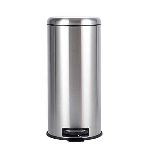 Amazon Basics Poubelle ronde à pédale, acier inoxydable, 30 L, argent, Satin