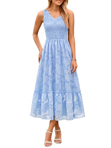 Image of Simplee Womens Semi Formal Dresses for Wedding Guest Floral Lace Midi Dress | Floral lace, Modest, Midi length, Sleeveless, V neck, Smocked empired waist, Semi formal wedding guest dress, Baptism dress