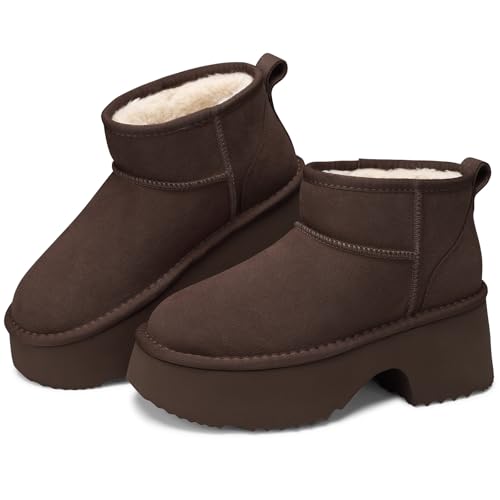 TEMOFON Womens Snow Boots for Winter: Genuine Suede Leather Warm Fur Lined Ankle Boots - Slip On Water Resistant Winter Snow Booties