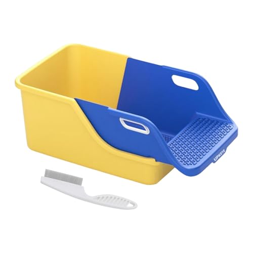 Generic ペット用トイレボックス半密閉タイプオープントップデザイン高側面PP素材製軽量で丈夫自動排水システム多機能家庭用小型動物ケージに適用, 青 黄