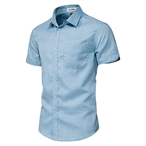 Delcarino Men's Short Sleeve Button Up Linen Shirts Summer Casual Pocket Beach Shirts Blue Medium #TOP2
