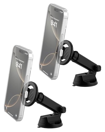 Scosche MagSafe Car Mount, Suction Cup Magnetic Windshield/Dashboard Cell Phone Holder with Vent Clip & Adjustable Flip Arm Compatible with PopSocket, iPhone 17/16/15/14/13/12, Samsung Galaxy, 2-Pack
