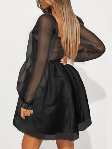 WISFRUIT Womens Boho Square Neck Dress Long Puff Sleeve Backless Smocked High Waist A Line Casual Short Mini Dresses3