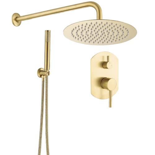 VALAZ Douche Encastrable | Mitigeur Douche 2 voies, Pulvérisateur Effet Pluie | Installation Murale Facile et Rapide | Inoxydable, Ronde, Pulvérisateur 25 cm, Garniture Ovale, Doré Brossé, Série Duero