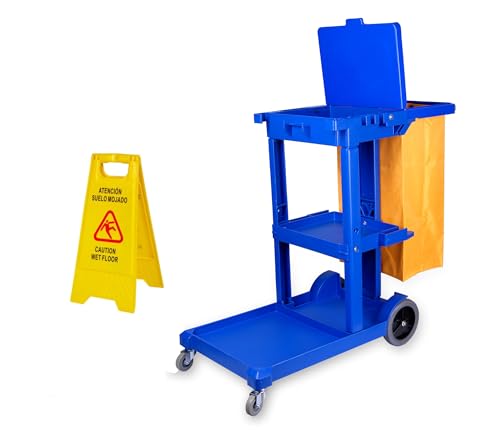 NOLDAR | Carro de Limpieza Profesional con Bolsa. Incluye señal de Advertencia Suelo Mojado - Carrito de Limpieza con 3 estantes, Plataforma Frontal y Ruedas Resistentes. Color Azul