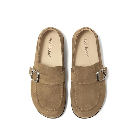Image of BEAU TODAY Suede Leather Loafers Women, Women's Slip On Wide Width Loafers Flats Shoes, Footbed Comfortable Casual Dress Potato Shoes with Arch Support and Adjustable Buckle