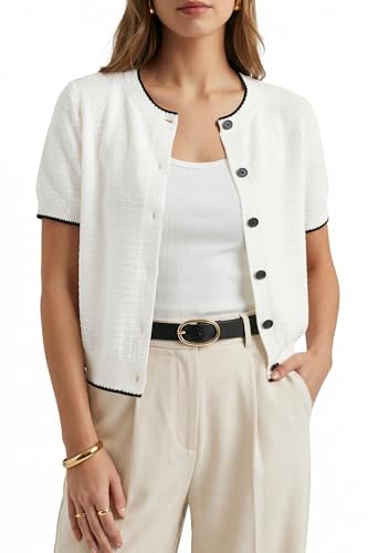 Arach&Cloz Women's Cropped Short Sleeve Cardigan Sweaters White M