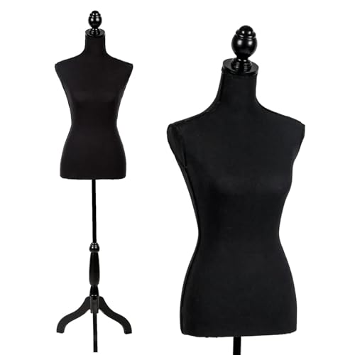 LIODUX Female Mannequins Torso Dress Form for Display Manikin Body Mannequin Stand 150-170cm Height Adjustable for Sewing Wooden Tripod Base Foam Body (Black)