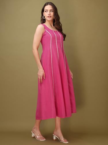 Image of PURVAJA Women's Round Neck Flared Cotton Blend Dress (Floe-043-045)