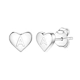Delicate S925 Silver Heart Pendant Earrings Gift 26 Letter Initial A-Z Stud Erarrings For Women Girls Mum Daughter Sisters Friends Lover Birthday Christmas Party Silver Jewellery (A)