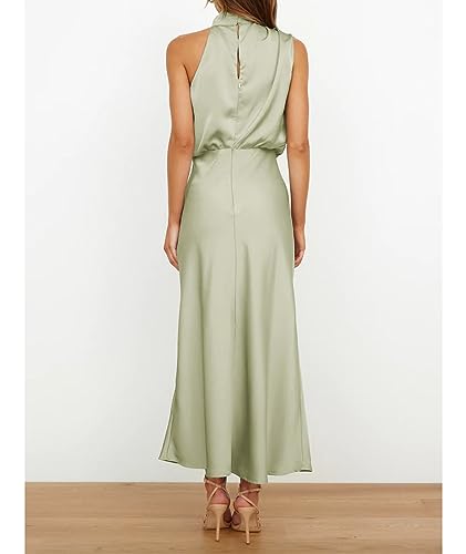 Image of Sexyshine Women's Elegant Halter Tie Neck Sleeveless Satin Long Dress Backless Split Cocktail Party Formal Wedding Maxi Dress