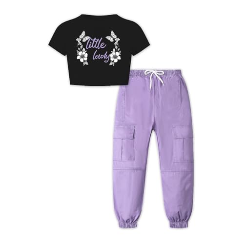 Image of Crop Tops for Girls, Butterfly Black T Shirt and Purple Cargo Pants Outfits Multi-Pocket Elastic Waist Pull on Cargo Pants, 7-8 Years = Tag 140
