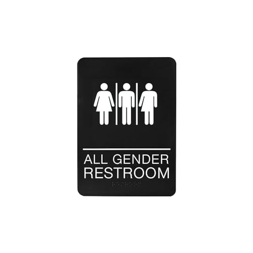 All Gender Braille Restroom Sign Black - Comes With Double Sided 3M Tape to Secure in Less Than a Minute - Unique Design - Dimensions 9 x 6 Inch