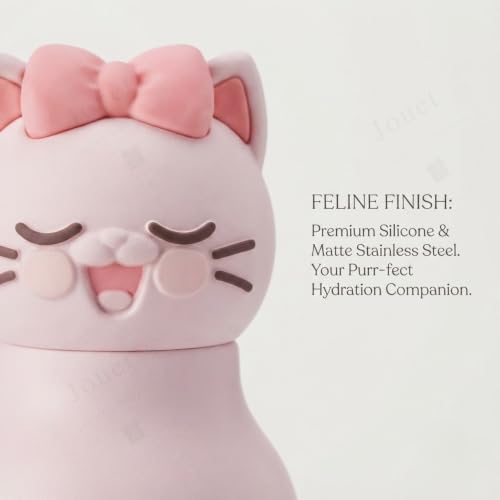 Image of JOUET Kids Water Bottle 450ml, Stainless Steel Leakproof Bottle with Cute Cat Character Lid, Reusable School Water Bottle for Boys & Girls
