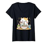 kawaii cat ramen noodles anime neko manga giapponese otaku maglietta con collo a v