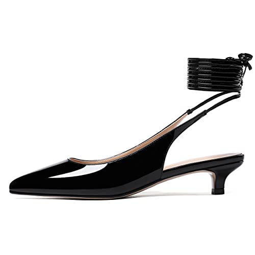 WAYDERNS Women's Slender Wrap-Around Ankle Straps Slingback Patent Pointed Toe Solid Kitten Low Heel Pumps Shoes 1.5 Inch2